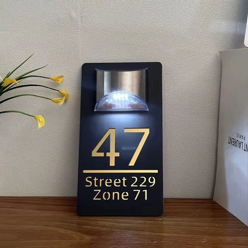 Modern Personalized House Number Address Sign With Waterproof Solar Powered LED Light