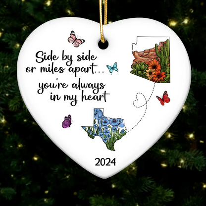 Miles Apart Long Distance Friendship Family Watercolor Wildflower State Map Personalized Heart Ornament, Togetherness Keepsake