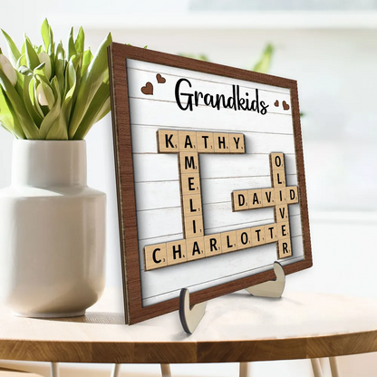 Grandkids Crossword Puzzle Art Personalized 2-Layer Wooden Plaque, Gift For Grandma, Gift For Mom