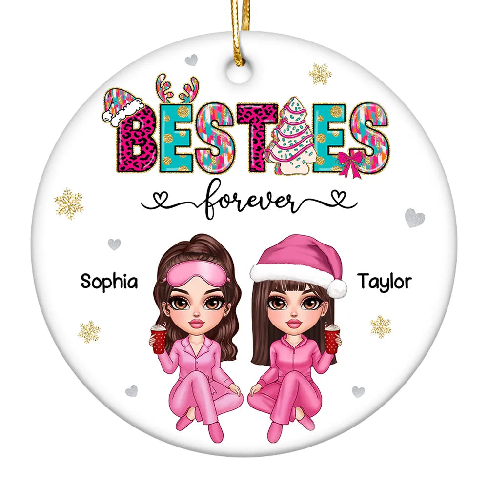 Pink And Teal Besties Forever Christmas Personalized Ceramic Ornament, Christmas Gift For Best Friends