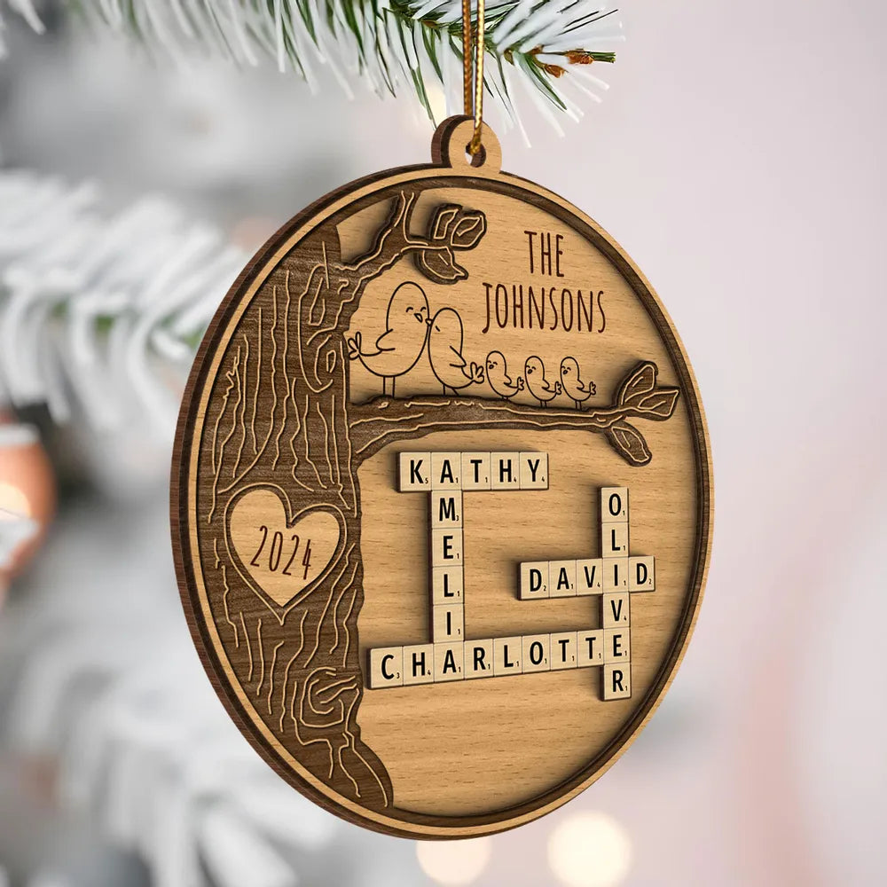 Family Tree Crossword Puzzle Art, Personalized Wooden Ornament