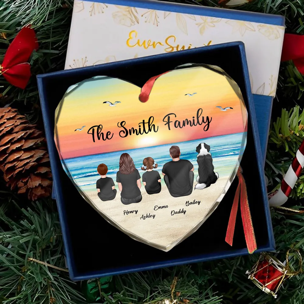 Family Sitting Back View Retro Vintage Beach Landscape Personalized Heart Ornament