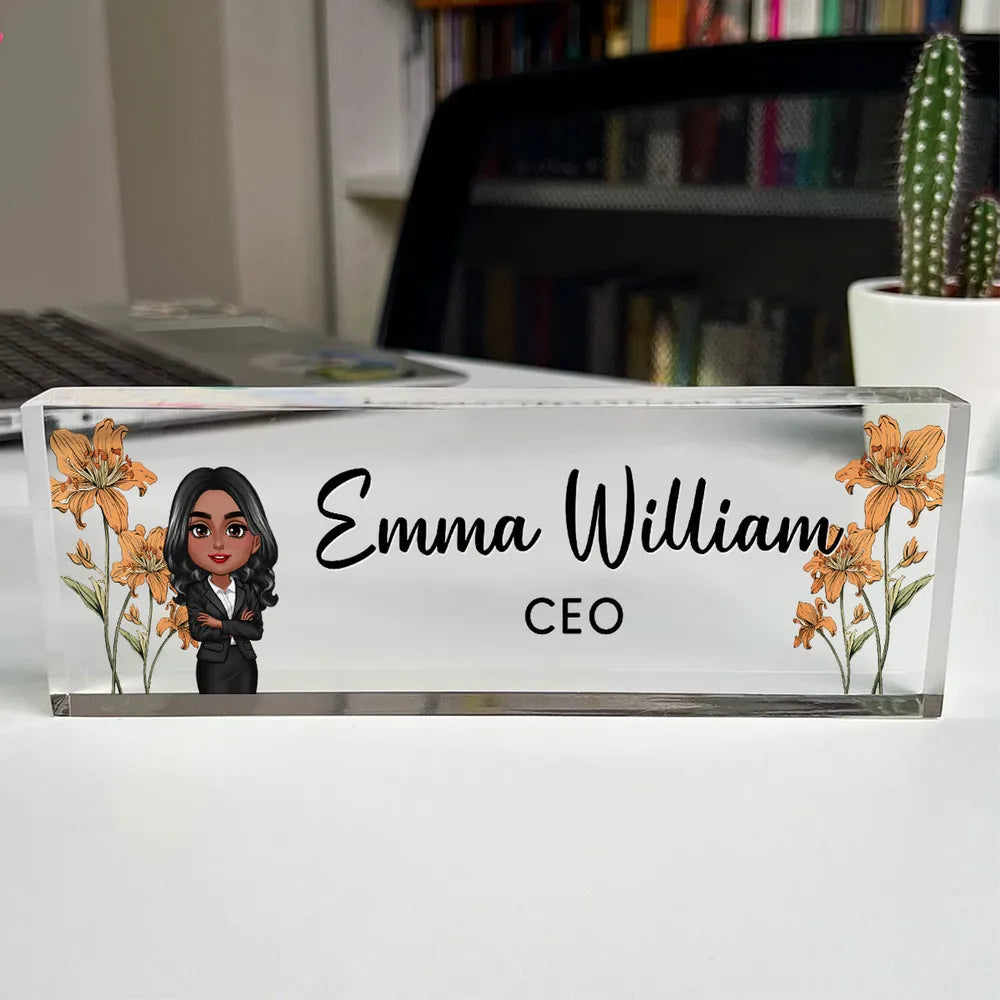 Birth Month Flowers Woman Personalized Acrylic Desk Name Plate, Office Decor, Christmas Gift For Colleagues, Boss, Office Workers, Nurse, Healthcare Workers, Police, Firefighter