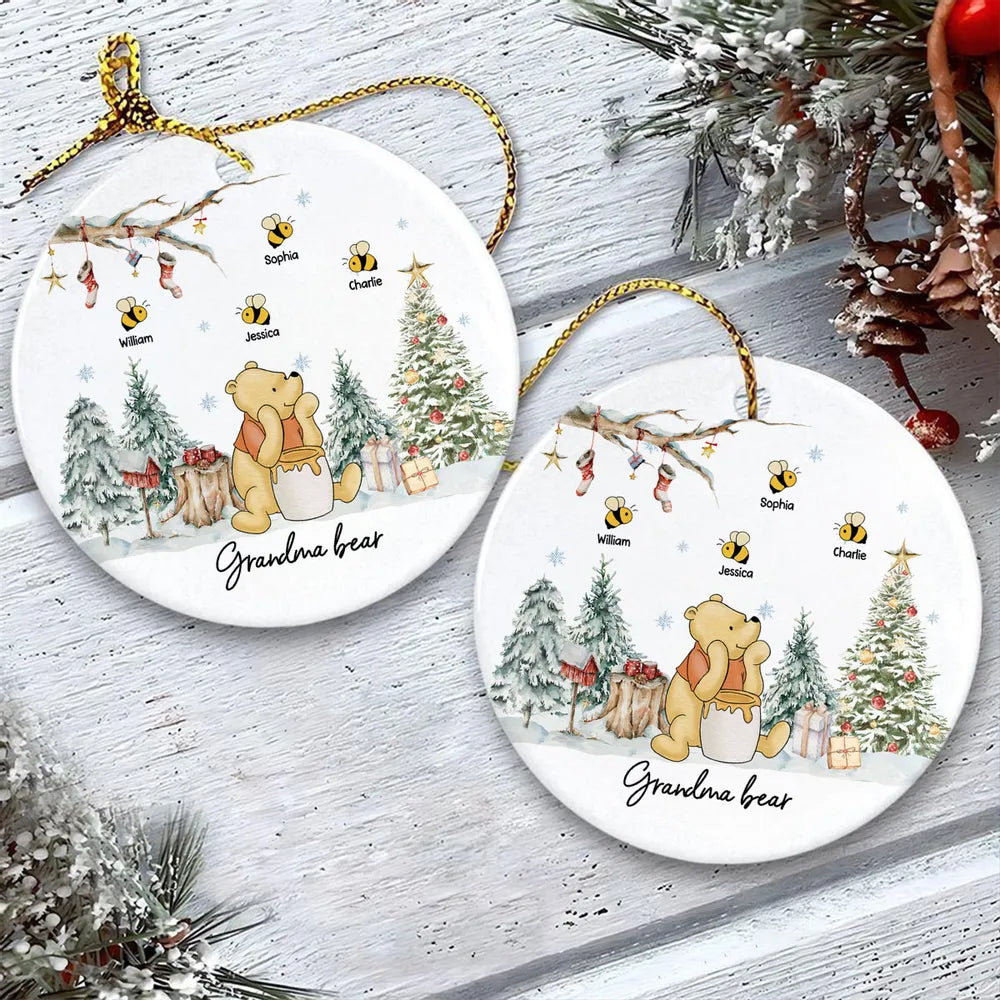 Grandma Bear Cute Grandkids Names Personalized Circle Ceramic Ornament, Christmas Gift