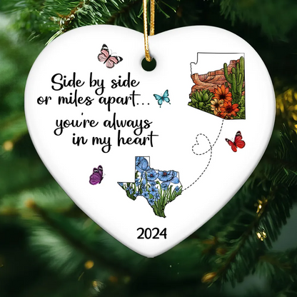 Miles Apart Long Distance Friendship Family Watercolor Wildflower State Map Personalized Heart Ornament, Togetherness Keepsake