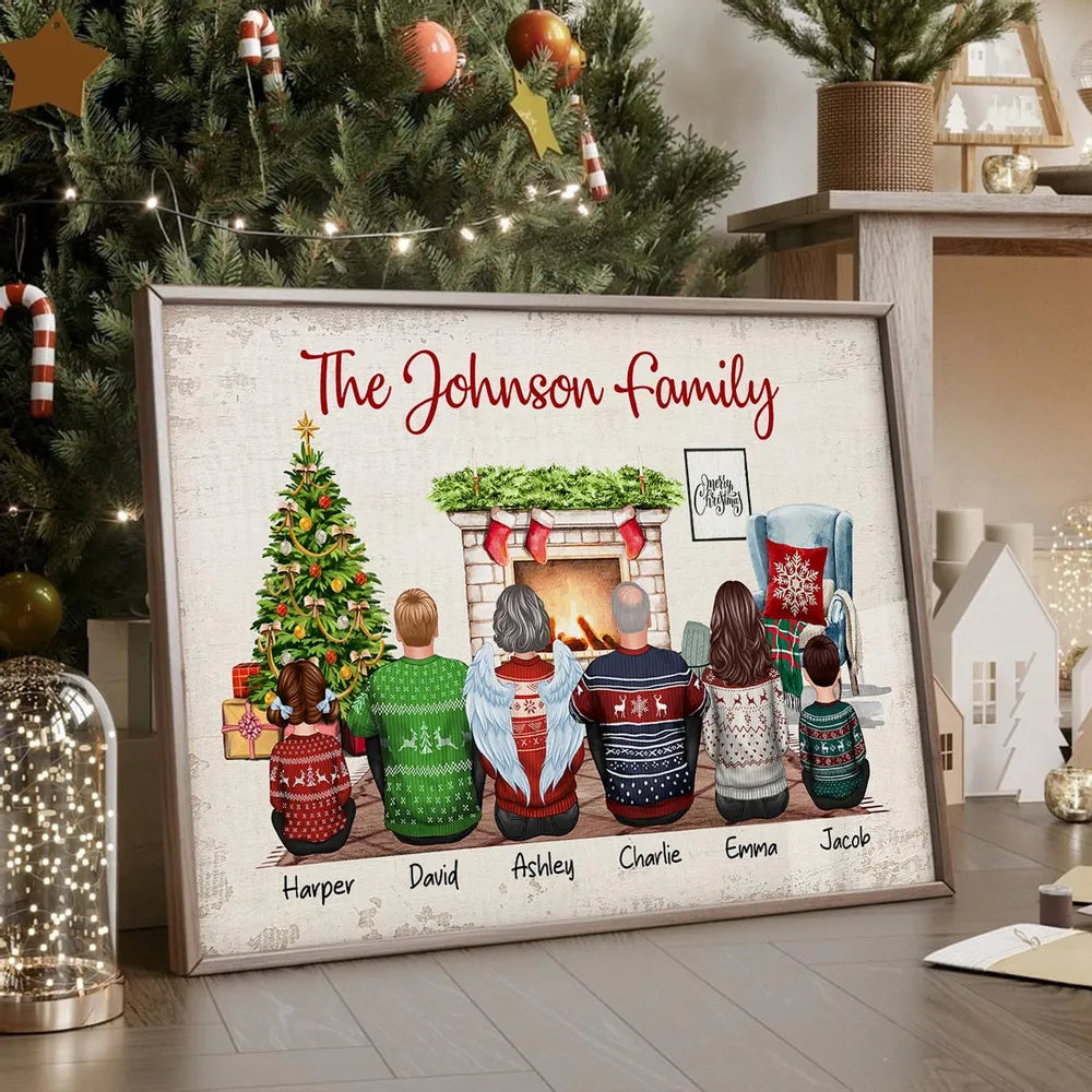 Christmas Family Back View Sitting Together At Fireplace Personalized Poster