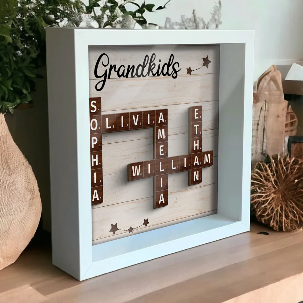 Unique Keepsake For Grandma Grandkids Crossword Puzzle Art Personalized Shadow Box, Perfect Gift For Grandma, Gift For Grandkid