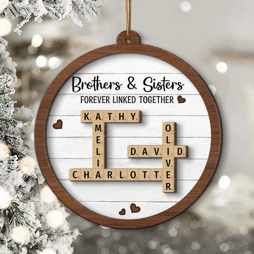 Brothers & Sisters Forever Linked Together Crossword Puzzle Art Personalized Wooden Ornament, Gift For Brothers, Sisters, Siblings, Family