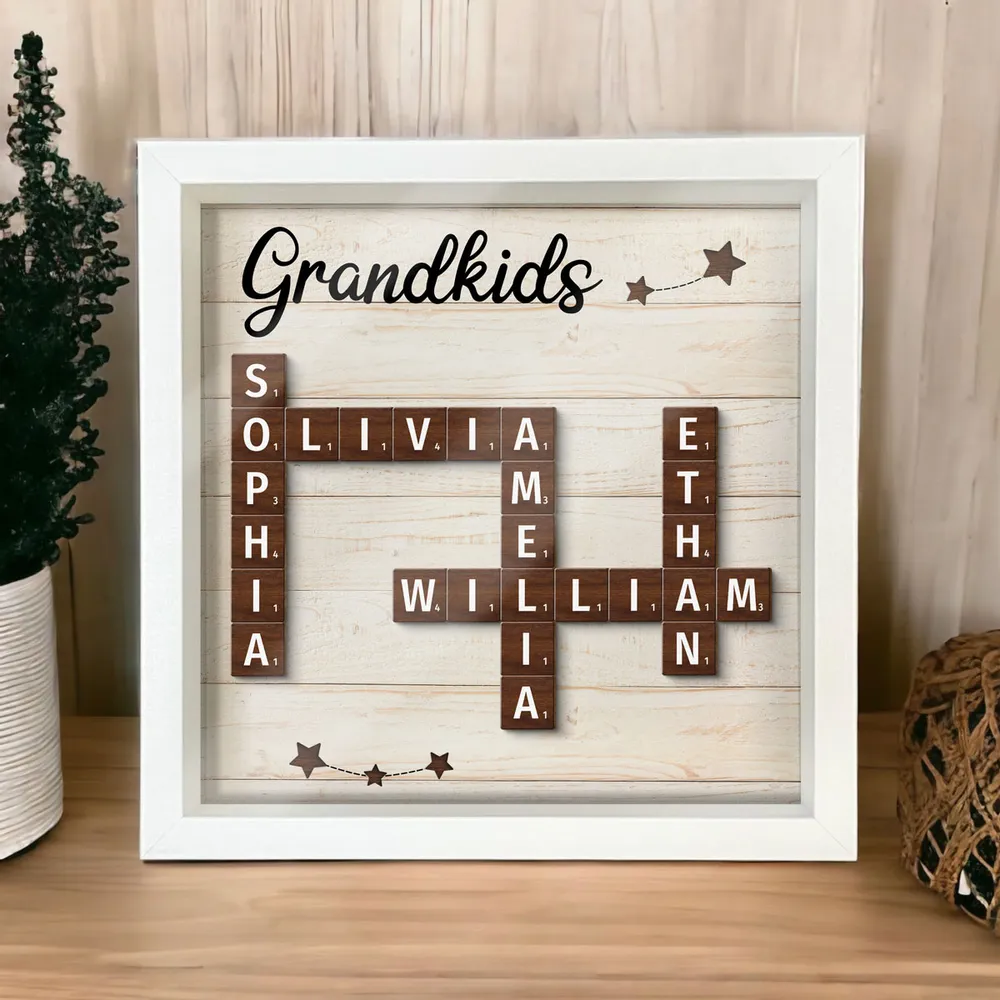 Unique Keepsake For Grandma Grandkids Crossword Puzzle Art Personalized Shadow Box, Perfect Gift For Grandma, Gift For Grandkid