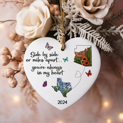 Miles Apart Long Distance Friendship Family Watercolor Wildflower State Map Personalized Heart Ornament, Togetherness Keepsake