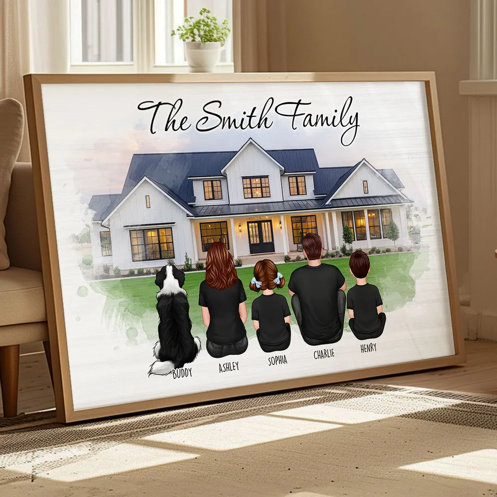 Custom Christmas Family Portrait with House Personalized Poster, House Warming Gift