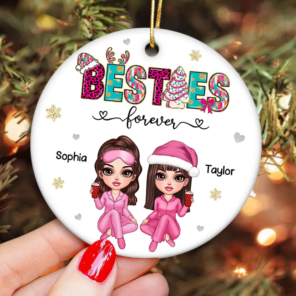 Pink And Teal Besties Forever Christmas Personalized Ceramic Ornament, Christmas Gift For Best Friends