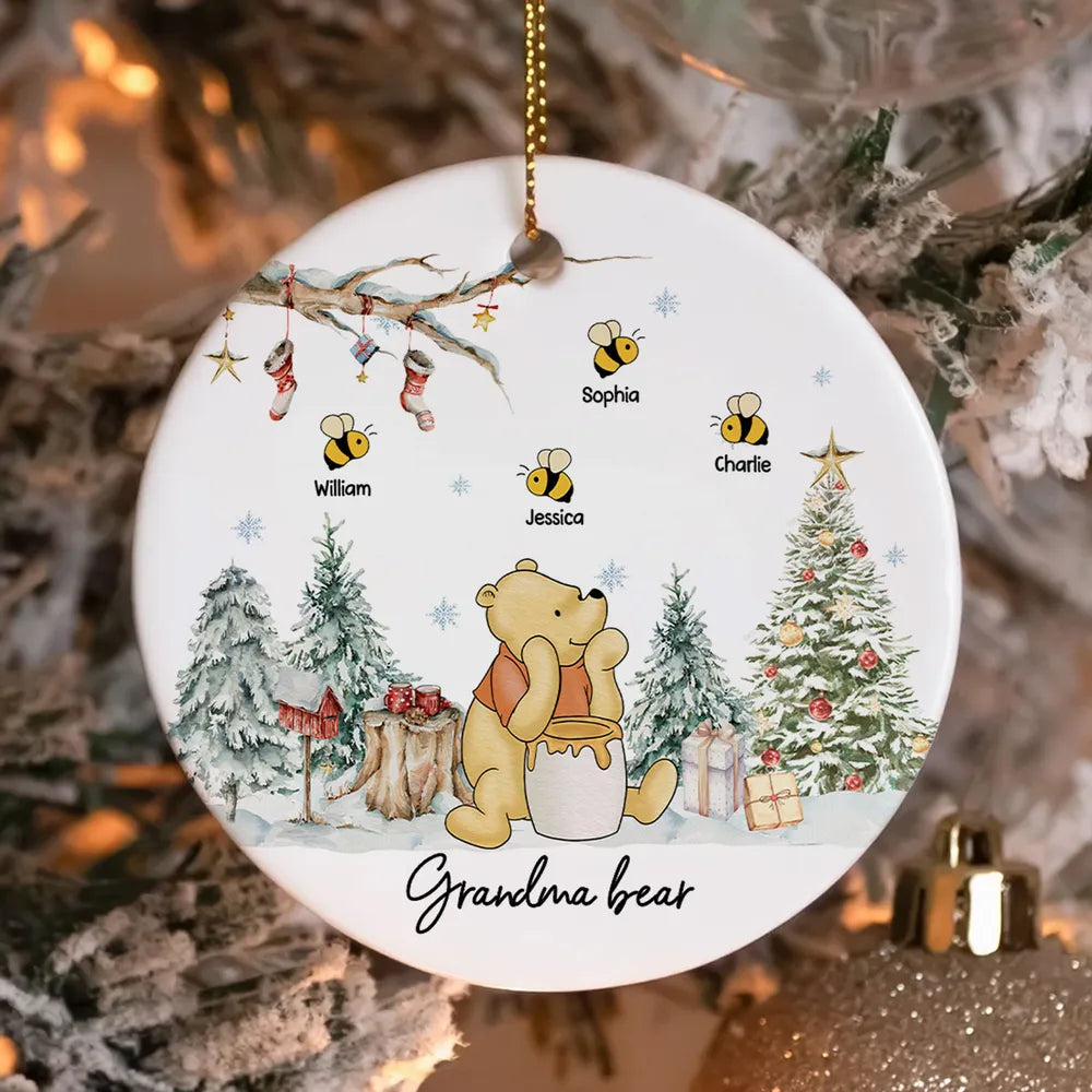 Grandma Bear Cute Grandkids Names Personalized Circle Ceramic Ornament, Christmas Gift