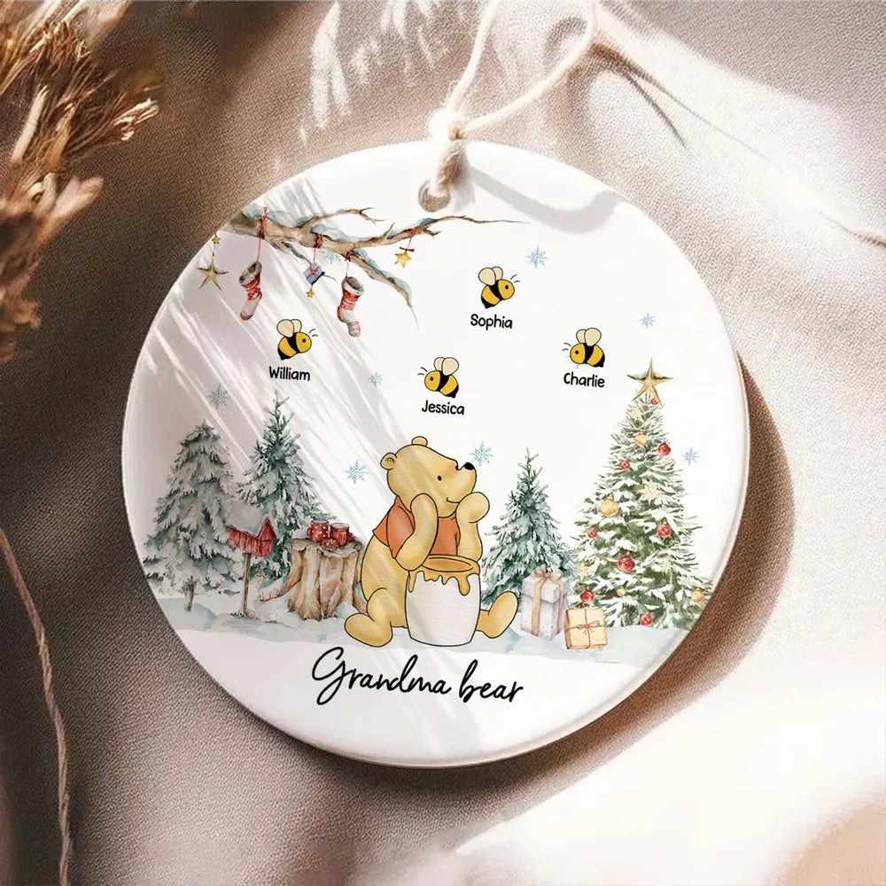 Grandma Bear Cute Grandkids Names Personalized Circle Ceramic Ornament, Christmas Gift