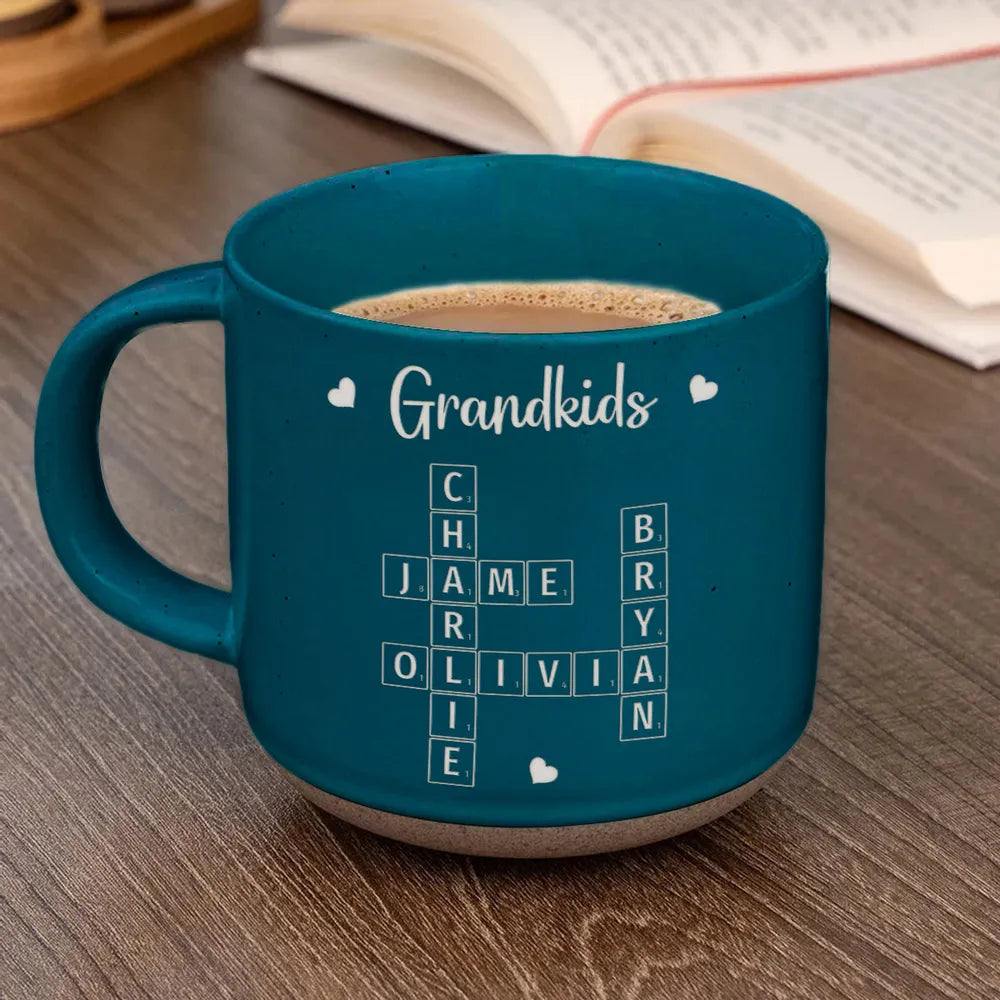 Grandkids Crossword Puzzle Art Personalized Engraved Pottery Mug, Christmas Gift For Grandma, Gift For Mom