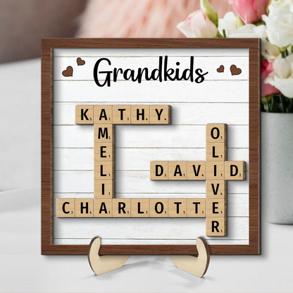 Grandkids Crossword Puzzle Art Personalized 2-Layer Wooden Plaque, Gift For Grandma, Gift For Mom