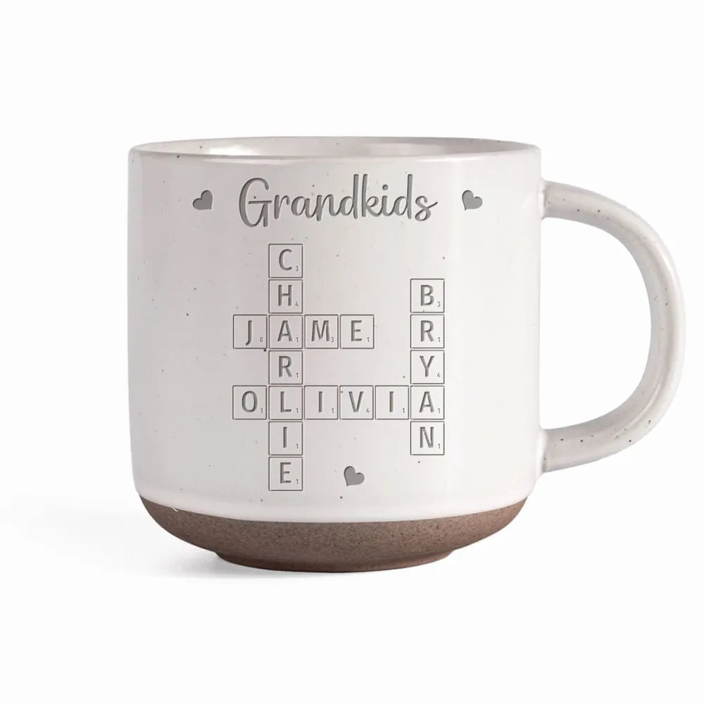 Grandkids Crossword Puzzle Art Personalized Engraved Pottery Mug, Christmas Gift For Grandma, Gift For Mom