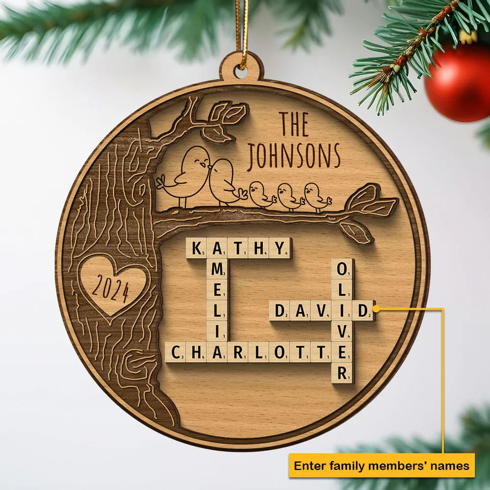 Family Tree Crossword Puzzle Art, Personalized Wooden Ornament