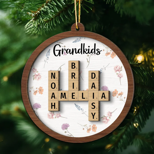 Grandkids Grandma's Garden Crossword Puzzle Art Birth Month Flower Personalized Wooden Ornament