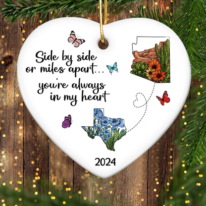 Miles Apart Long Distance Friendship Family Watercolor Wildflower State Map Personalized Heart Ornament, Togetherness Keepsake