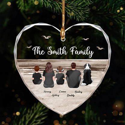 Family Sitting Back View Retro Vintage Beach Landscape Personalized Heart Ornament