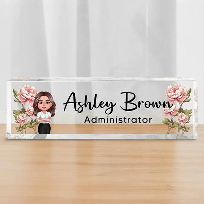 Birth Month Flowers Woman Personalized Acrylic Desk Name Plate, Office Decor, Christmas Gift For Colleagues, Boss, Office Workers, Nurse, Healthcare Workers, Police, Firefighter