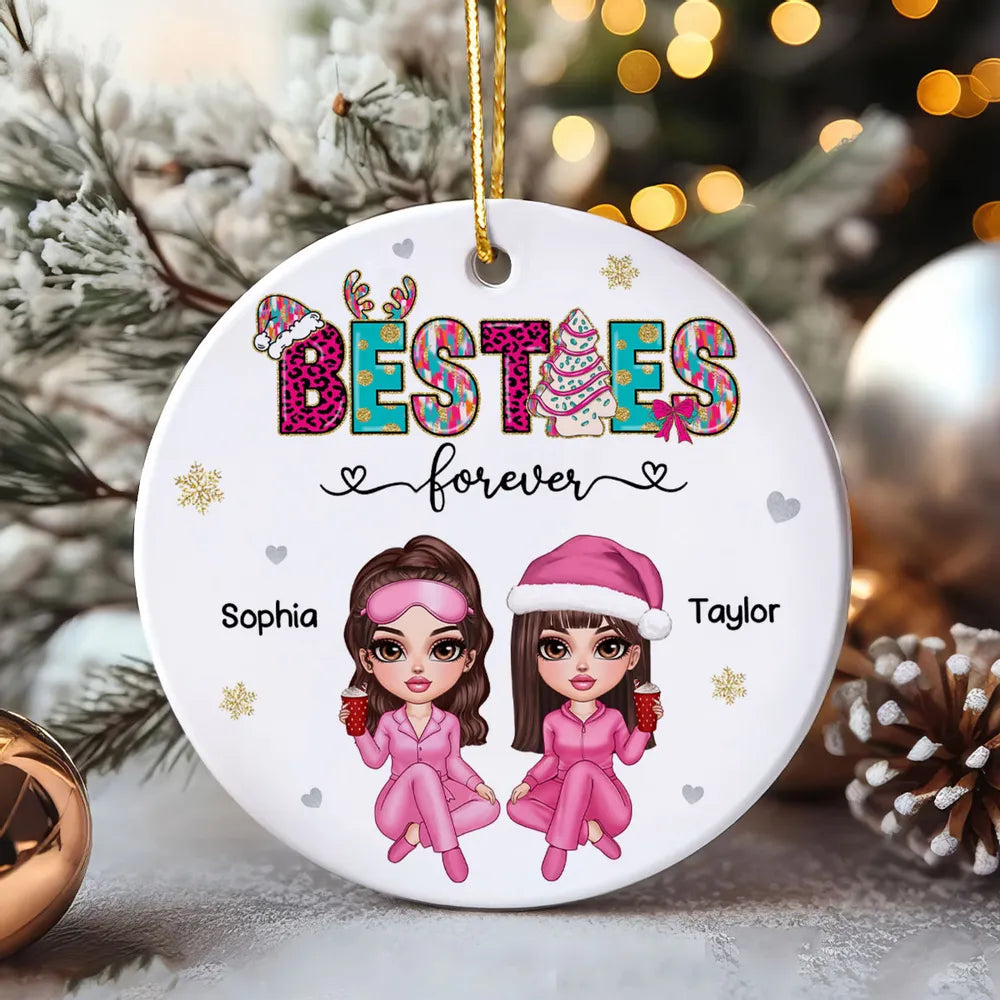 Pink And Teal Besties Forever Christmas Personalized Ceramic Ornament, Christmas Gift For Best Friends