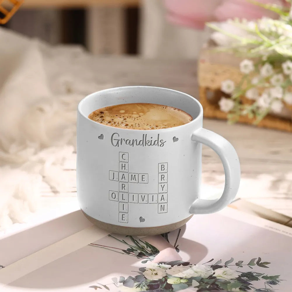 Grandkids Crossword Puzzle Art Personalized Engraved Pottery Mug, Christmas Gift For Grandma, Gift For Mom