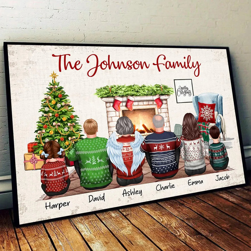 Christmas Family Back View Sitting Together At Fireplace Personalized Poster