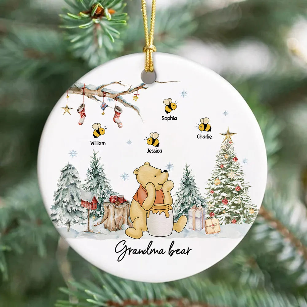 Grandma Bear Cute Grandkids Names Personalized Circle Ceramic Ornament, Christmas Gift