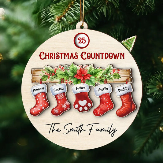 Family With Pet Christmas Socks Countdown Ornament, Personalized Family Countdown Ornament