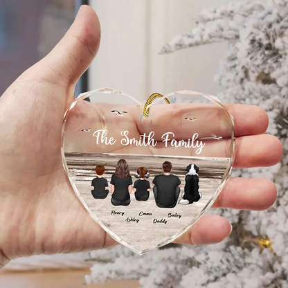 Family Sitting Back View Retro Vintage Beach Landscape Personalized Heart Ornament