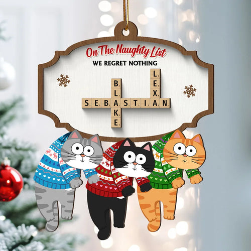 On The Naughty List We Regret Nothing Crossword Puzzle Art Personalized Wooden Ornament, Unique Christmas Gift For Cat Owners