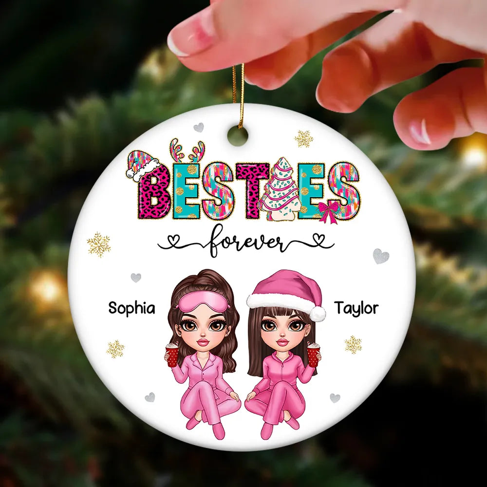 Pink And Teal Besties Forever Christmas Personalized Ceramic Ornament, Christmas Gift For Best Friends