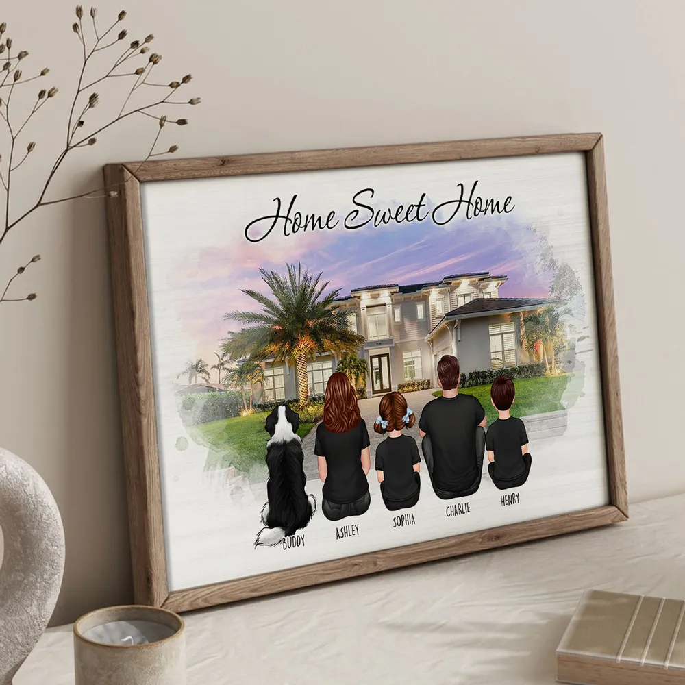 Custom Christmas Family Portrait with House Personalized Poster, House Warming Gift