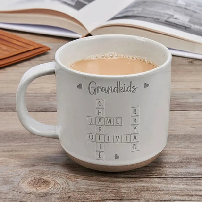 Grandkids Crossword Puzzle Art Personalized Engraved Pottery Mug, Christmas Gift For Grandma, Gift For Mom