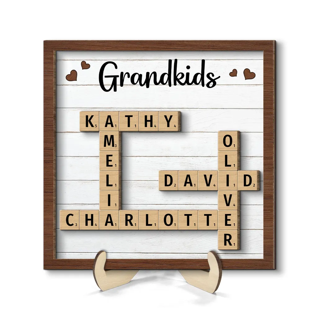 Grandkids Crossword Puzzle Art Personalized 2-Layer Wooden Plaque, Gift For Grandma, Gift For Mom