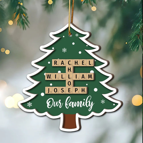 Family Names Puzzle Crossword In Christmas Tree Personalized Wooden Ornament, Christmas Gift For Family