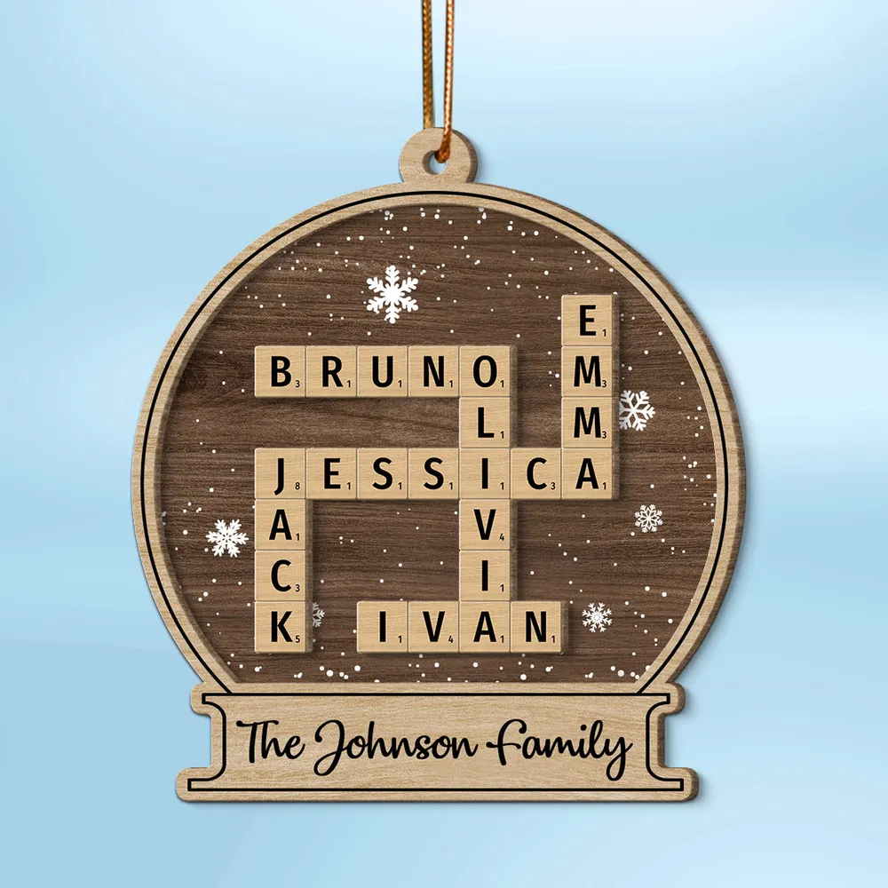 Family Names In Snow Globe Crossword Puzzle Art Personalized Wooden Ornament, Christmas Decor, Christmas Gift For Families