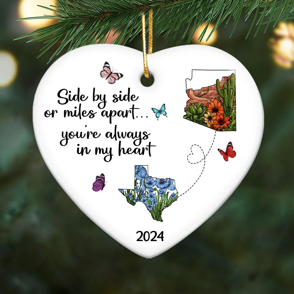 Miles Apart Long Distance Friendship Family Watercolor Wildflower State Map Personalized Heart Ornament, Togetherness Keepsake