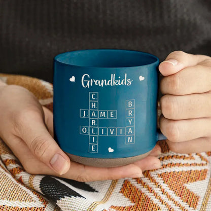 Grandkids Crossword Puzzle Art Personalized Engraved Pottery Mug, Christmas Gift For Grandma, Gift For Mom