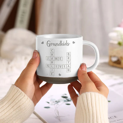 Grandkids Crossword Puzzle Art Personalized Engraved Pottery Mug, Christmas Gift For Grandma, Gift For Mom