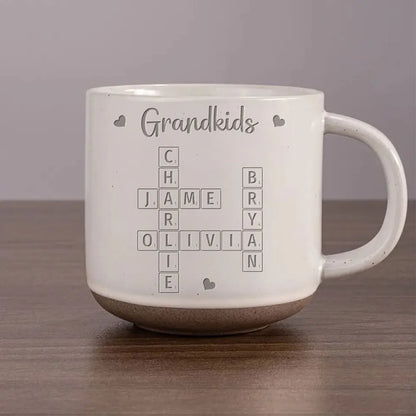 Grandkids Crossword Puzzle Art Personalized Engraved Pottery Mug, Christmas Gift For Grandma, Gift For Mom