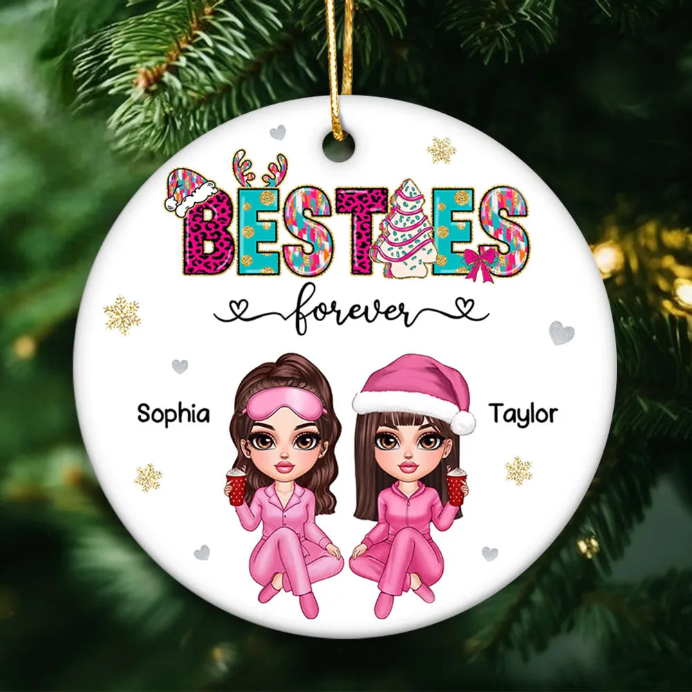 Pink And Teal Besties Forever Christmas Personalized Ceramic Ornament, Christmas Gift For Best Friends