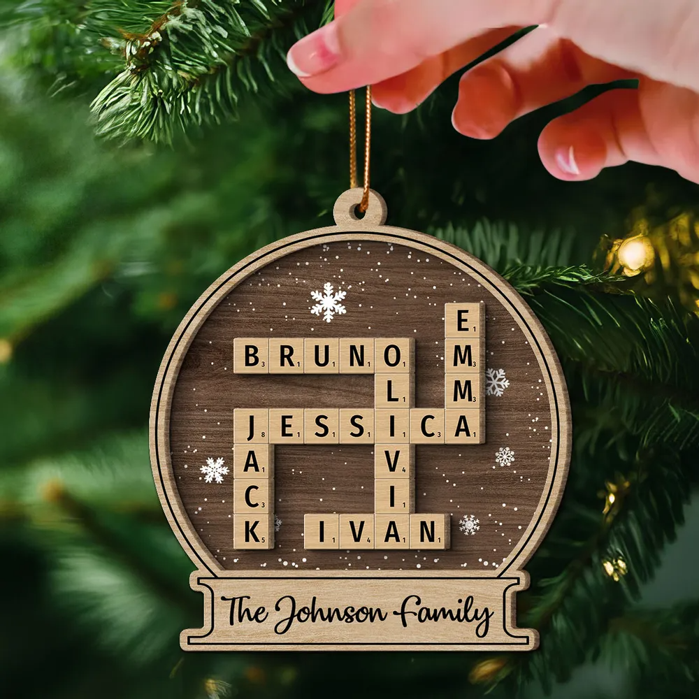 Family Names In Snow Globe Crossword Puzzle Art Personalized Wooden Ornament, Christmas Decor, Christmas Gift For Families