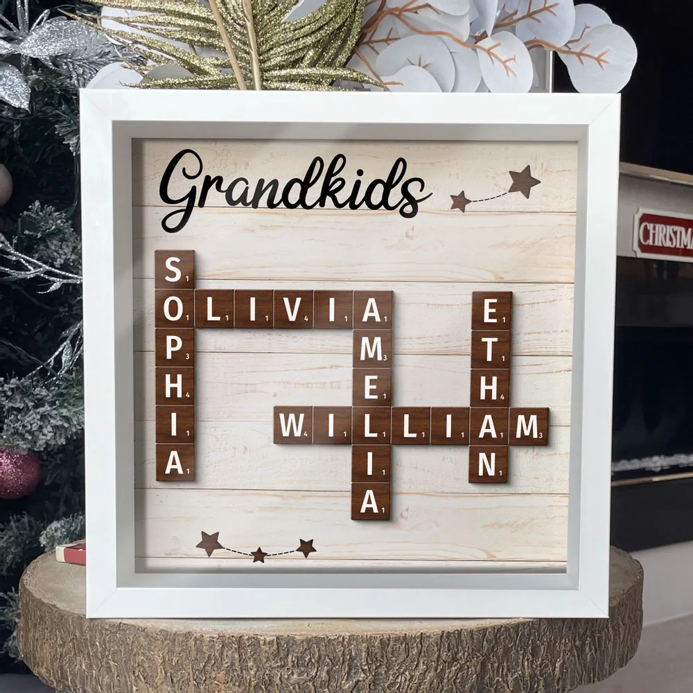 Unique Keepsake For Grandma Grandkids Crossword Puzzle Art Personalized Shadow Box, Perfect Gift For Grandma, Gift For Grandkid