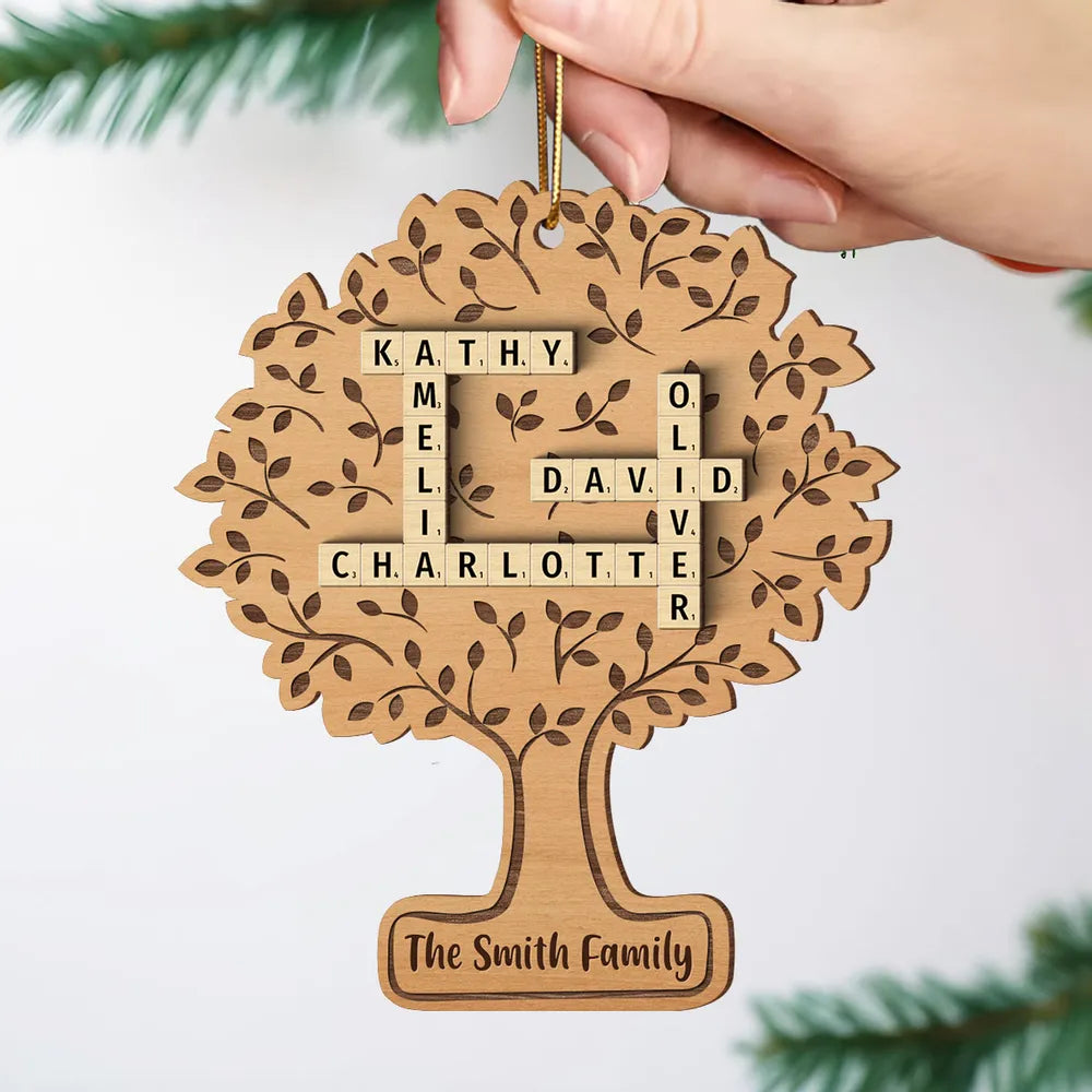 Family Tree Of Life Crossword Wood Ornament, Personalized Family Wood Ornament