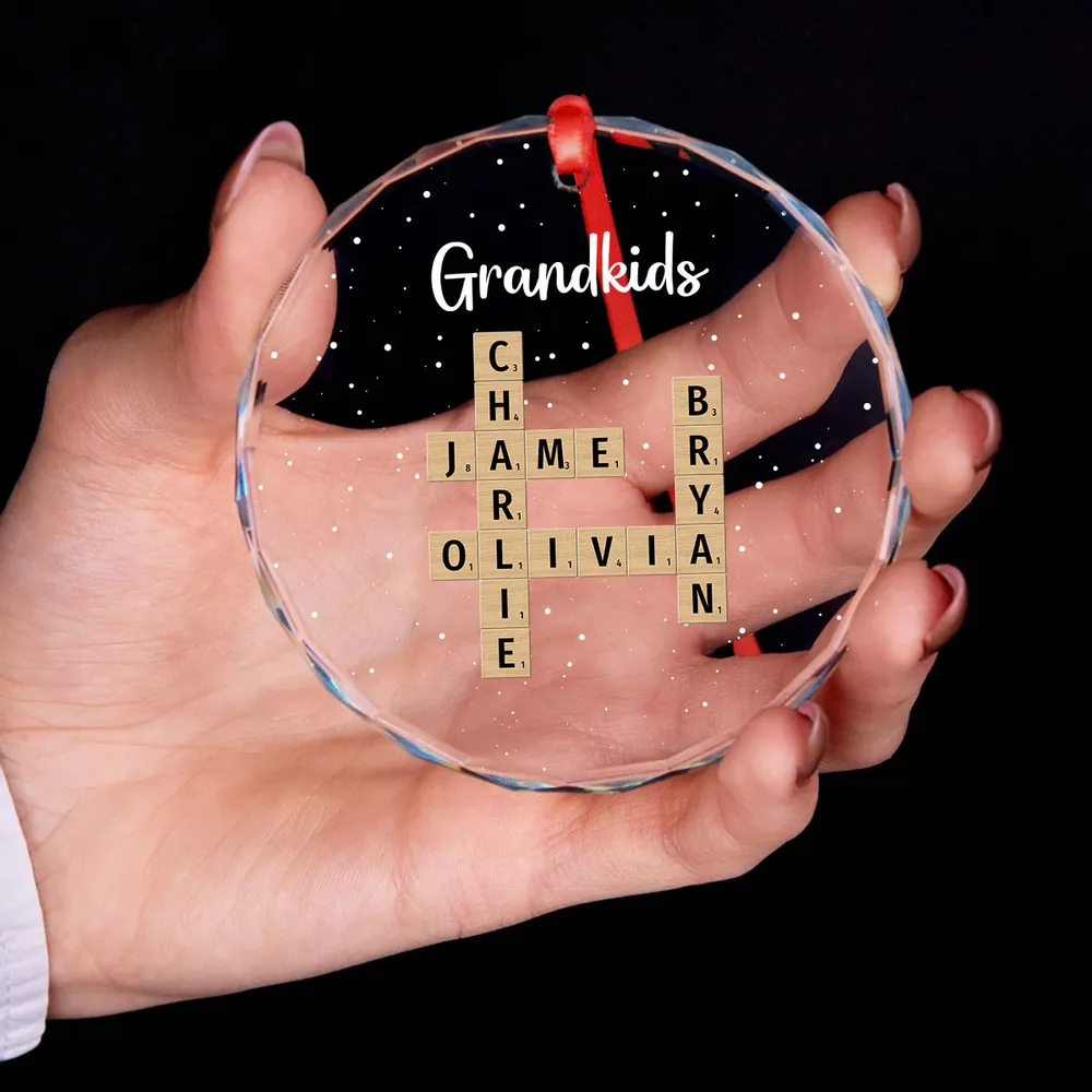 Grandkids Crossword Puzzle Art Personalized Glass Ornament, Christmas Gift For Grandma, Gift For Mom