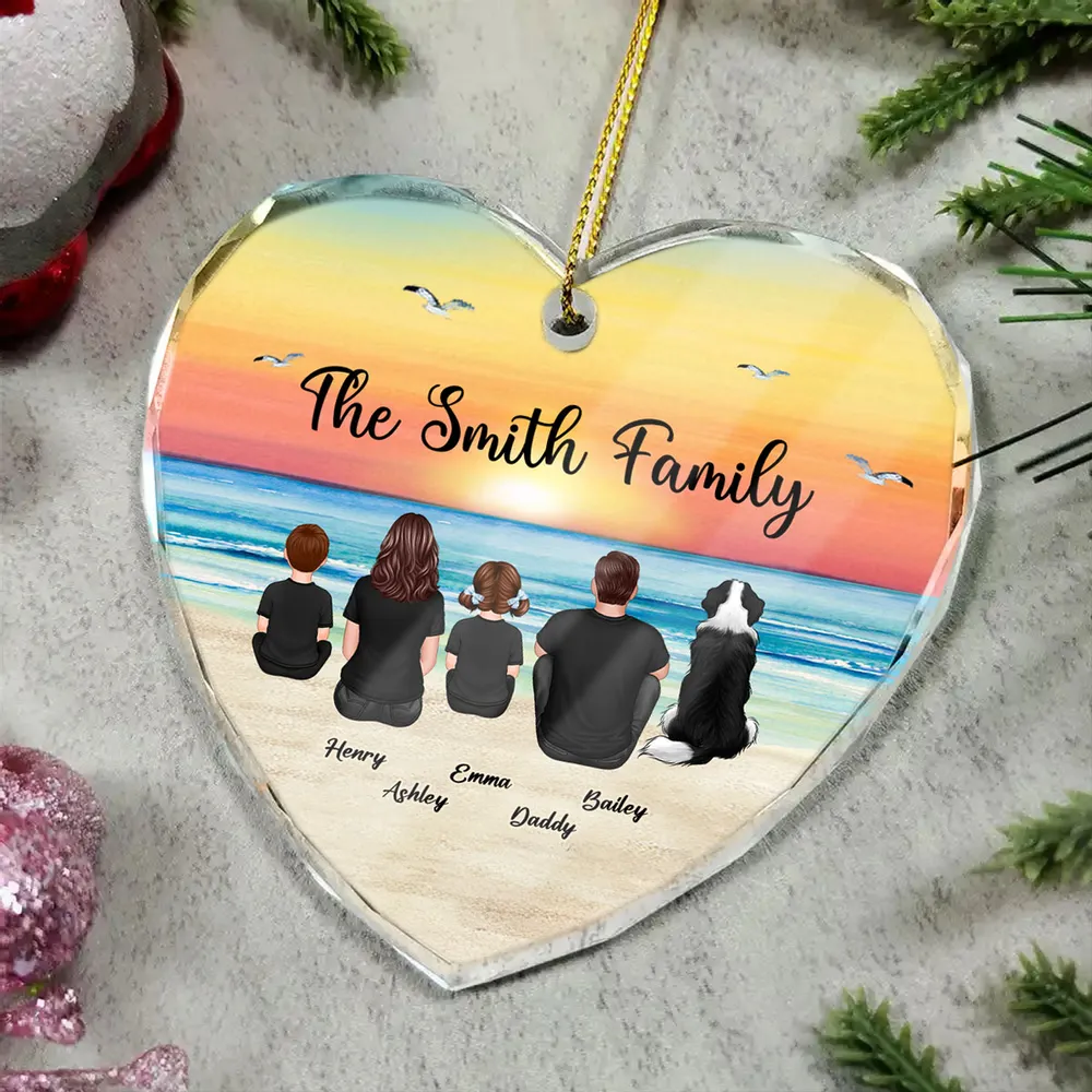 Family Sitting Back View Retro Vintage Beach Landscape Personalized Heart Ornament