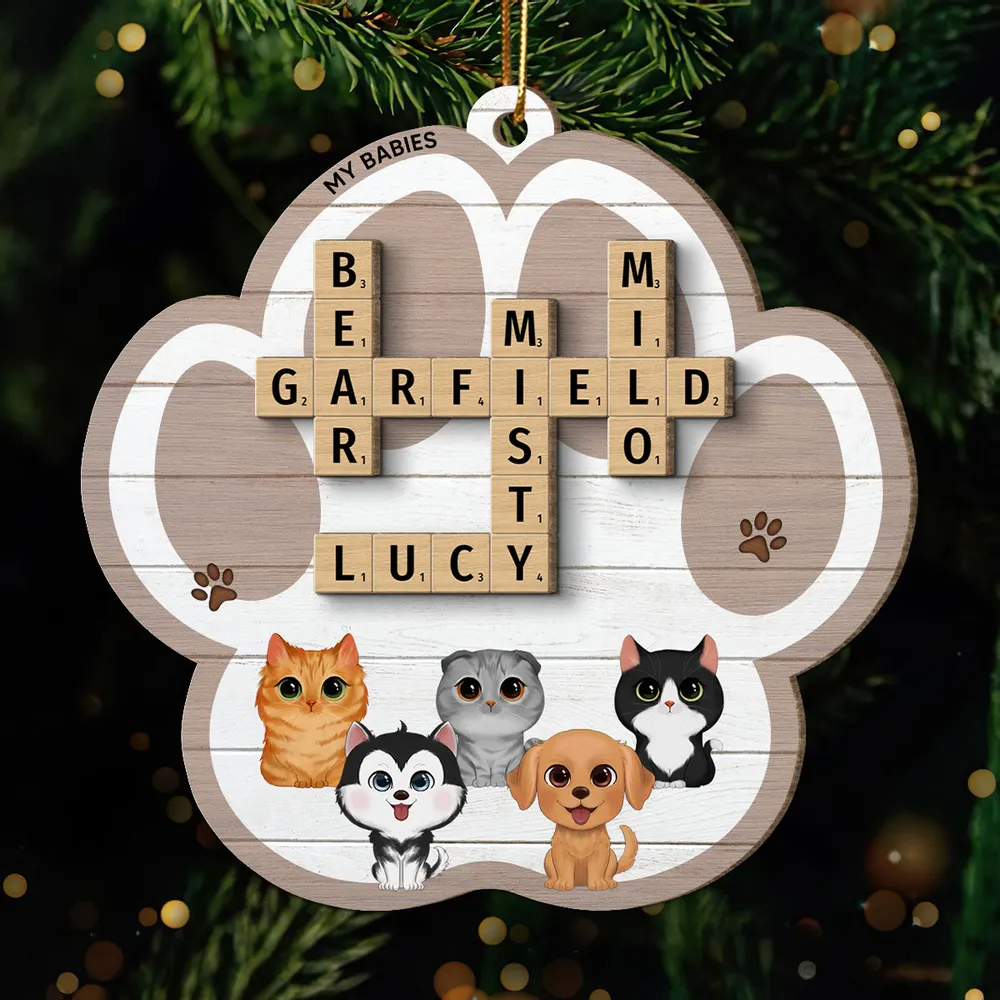 My Babies Dog Cat Crossword Puzzle Art Personalized Paw Shaped Wooden Ornament